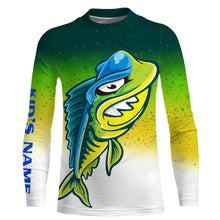 Load image into Gallery viewer, Funny Mahi mahi skeleton green scales Custom Name sun protection long sleeve hooded fishing jersey NQS3790