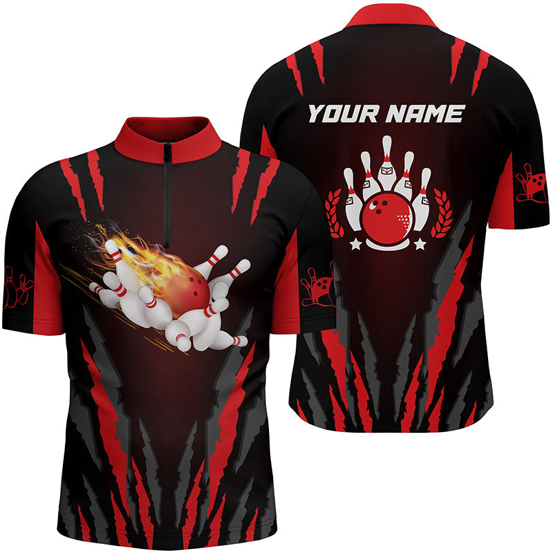 Men's bowling shirt Quarter Zip custom Flame Bowling Ball and Pins bowling jerseys, bowling gifts NQS4397