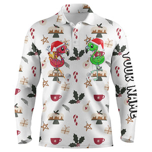 Funny Mens golf polo shirt Christmas background custom name Flamingo golf friends Christmas golf gift NQS4150