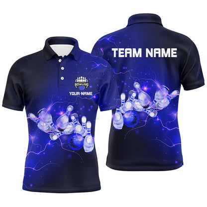 Mens Bowling Polo Shirts Custom Blue flashes of lightning thunder bowling team Mens Bowler Jerseys NQS6681
