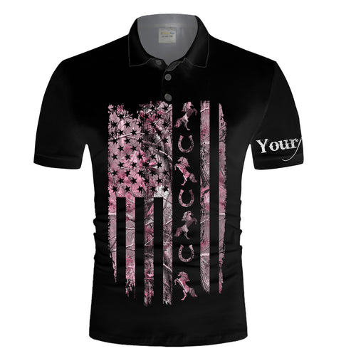 American flag patriotic horse tattoo pink muddy camo Custom name Equestrian Horse Riding Casual Polo Shirt, gift for horse lovers NQS1707