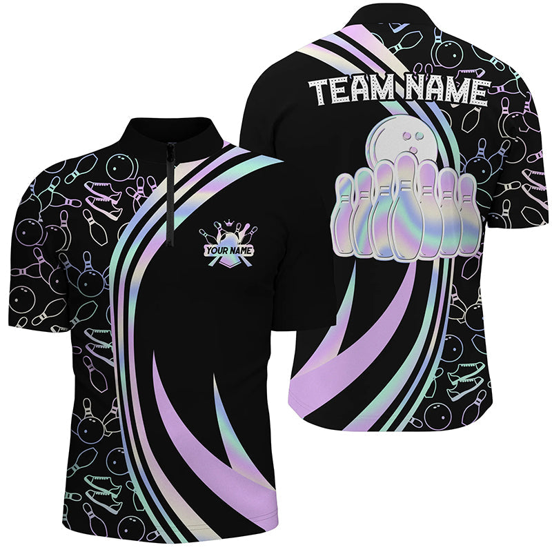 Black Men bowling Quarter Zip shirt Custom neon camo team league bowling jerseys, gifts for bowlers NQS7210