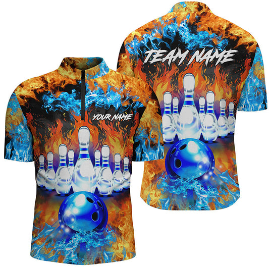 Flame bowling ball pins Bowling Quarter Zip Shirt For Men Custom blue fire bowling Team League Jerseys NQS6738
