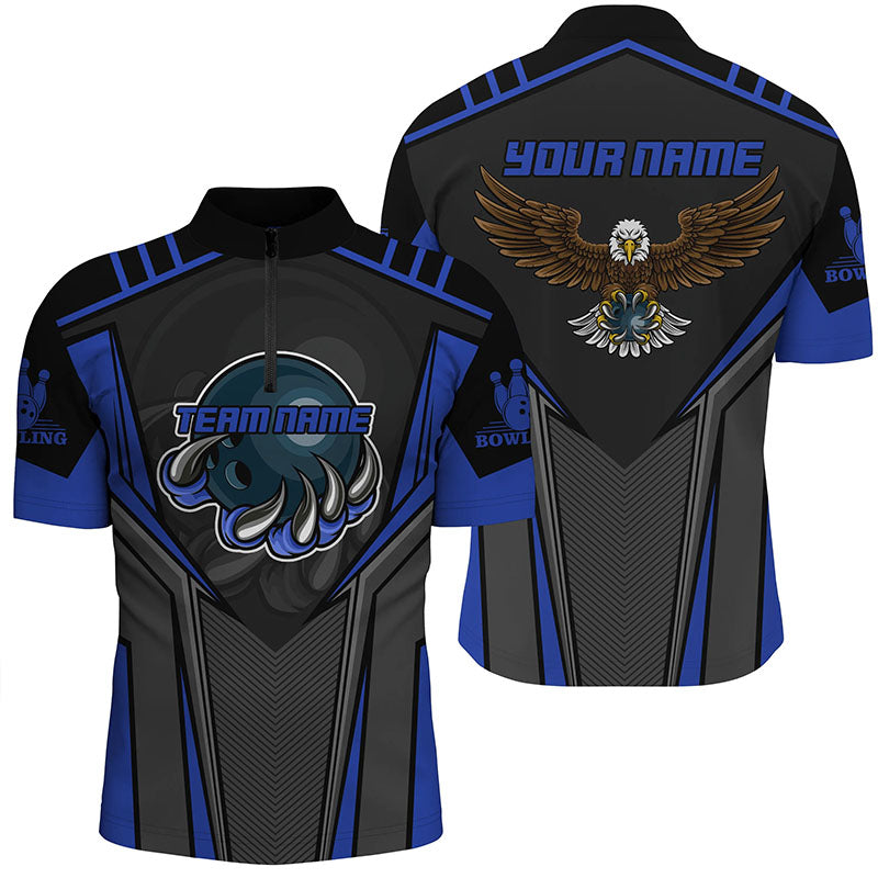 Custom name and team name Bowling Quarter Zip shirt for Men, Eagle Men's Bowling Team Shirts | Blue NQS4631