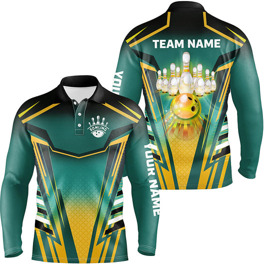 Mens Bowling polo shirts Custom green and yellow Bowling ball pins Team Jerseys bowling apparel NQS7106