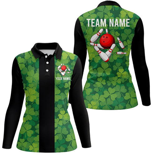 Personalized Green Clover Black Retro Bowling Polo shirt For women custom vintage bowling team jerseys NQS7108