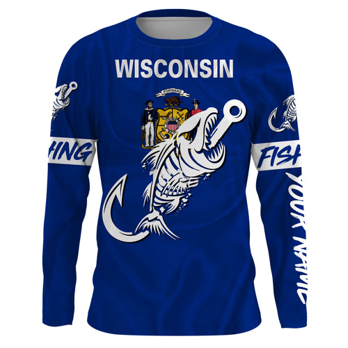 WI Wisconsin Fishing Flag Fish hook skull Custom sun protection fishing shirts for men, women, kid NQS3410