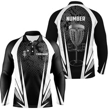 Load image into Gallery viewer, Mens disc golf polo shirt custom name, number black white disc golf jersey, mens disc golf apparel NQS6309