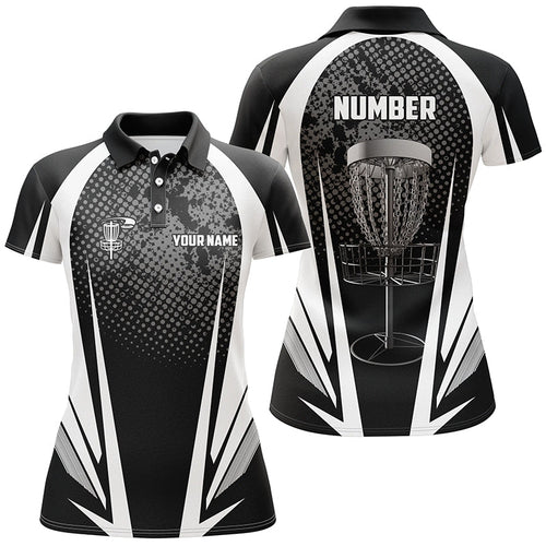 Womens disc golf polo shirt custom name, number black white disc golf jersey, womens disc golf apparel NQS6309