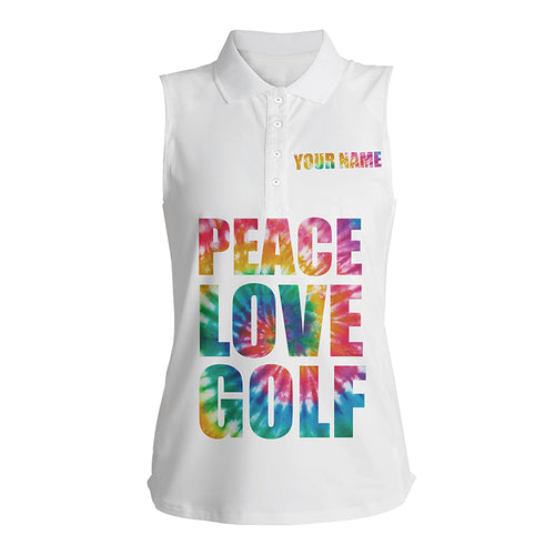 Womens sleeveless polo shirt custom name tie dye peace love golf, personalized golf shirts for men NQS5159
