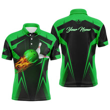 Load image into Gallery viewer, Personalized Men Bowling Polo Shirt Flame Bowling Ball and Pins, bowling polo for men bowlers | Green NQS4503