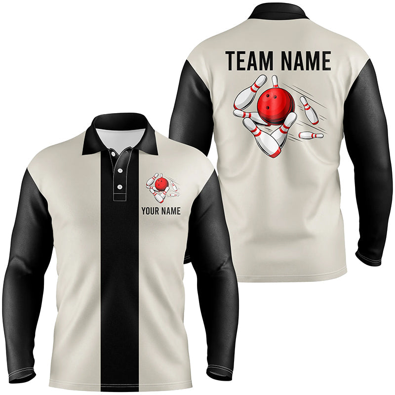 Personalized Beige and Black Retro Bowling Polo Shirts For Men custom vintage bowling team jerseys NQS7000