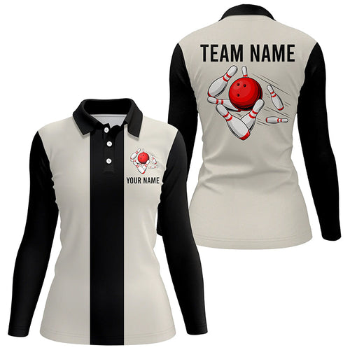 Personalized Beige and Black Retro Bowling Polo shirt For women custom vintage bowling team jerseys NQS7000