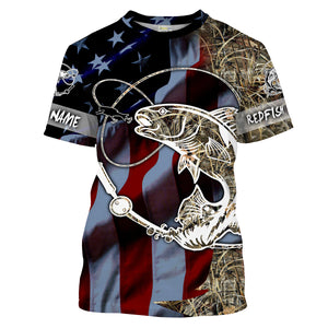 Redfish puppy drum fishing camo American flag Customize Name UV Long Sleeve Fishing Shirts UPF 30+ NQS2185
