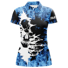 Load image into Gallery viewer, Black Womens golf polo shirts custom blue fire skull golf shirts, personalized golf gifts NQS6544