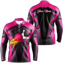 Load image into Gallery viewer, Personalized Mens polo Shirt Flame Bowling Ball Pins, bowling jerseys for bowlers | Pink NQS7014