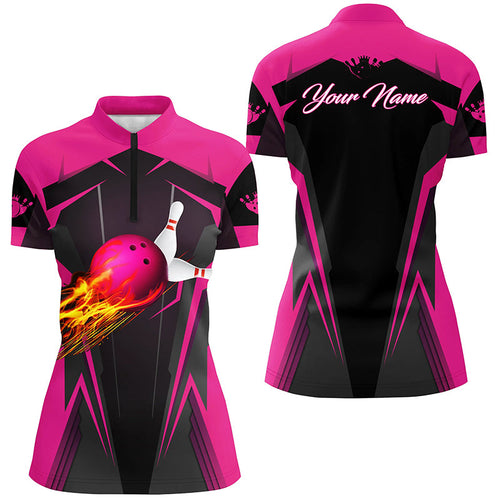 Personalized Women Quarter-Zip Shirt Flame Bowling Ball Pins, bowling jerseys for bowlers | Pink NQS7014