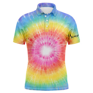 Mens golf polo shirts with rainbow coloured tie dye painted custom name pattern golf shirt for men NQS4660
