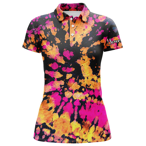 Womens golf polo shirts with yellow, pink, black tie dye pattern custom name golf shirt for women NQS4663