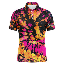 Load image into Gallery viewer, Mens golf polo shirts with yellow, pink, black tie dye pattern custom name pattern golf shirt for men NQS4663