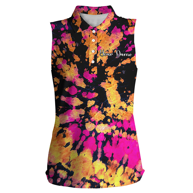 Womens sleeveless polo shirts with yellow, pink, black tie dye pattern custom golf shirt for women NQS4663