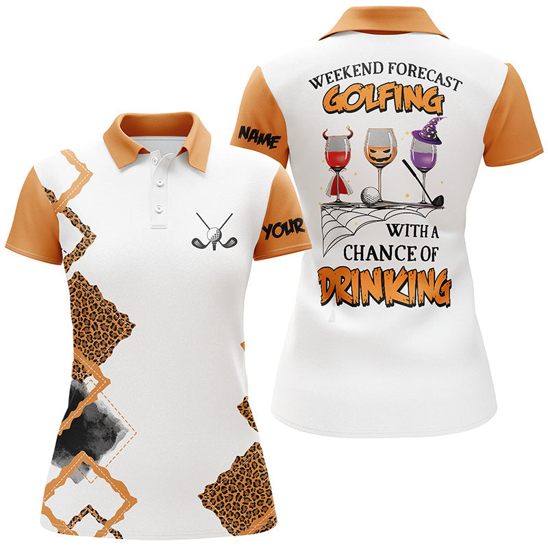 Personalized leopard Halloween Womens golf polo weekend forecast golfing with chance of drinking wine NQS6346