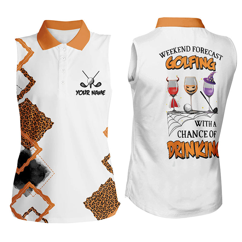 Personalized leopard Halloween sleeveless polo shirts weekend forecast golfing with chance of drinking NQS6346