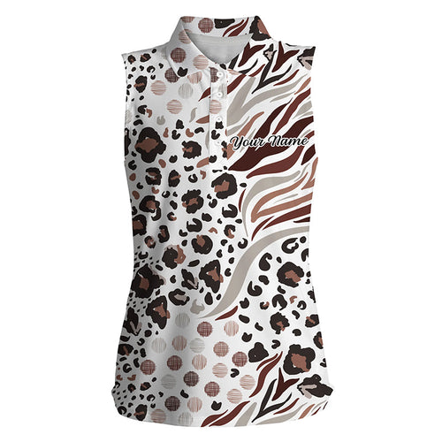 White animal mix leopard skin prints pattern golf shirts custom name Womens sleeveless polo shirts NQS4914