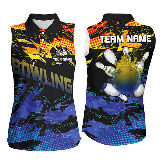 Blue and yellow camo bowling sleeveless polo shirts for women Custom bowling jerseys, gift for bowlers NQS7284