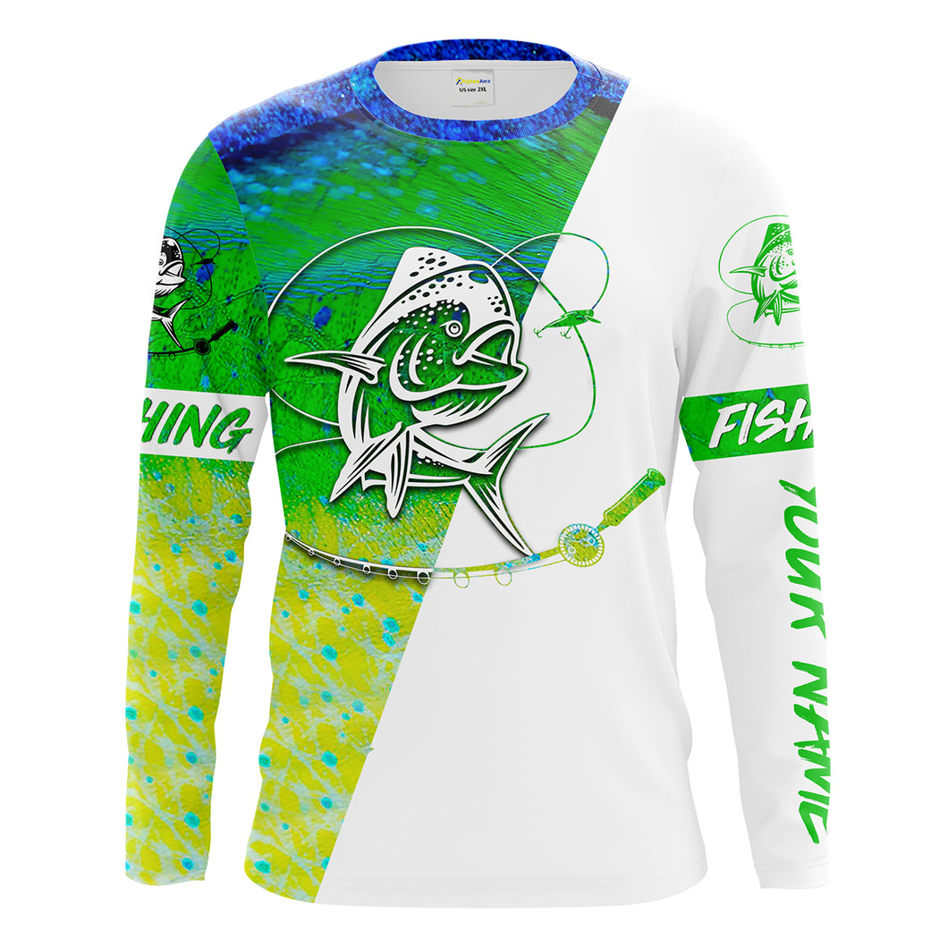 Mahi - mahi fishing tattoo green Customize Name UV protection UPF 30+ long sleeves saltwater fishing shirt NQS1955