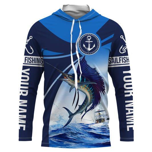 Sailfish fishing blue sea underwater ocean saltwater Custom Name performance long sleeve fishing shirt NQS3743