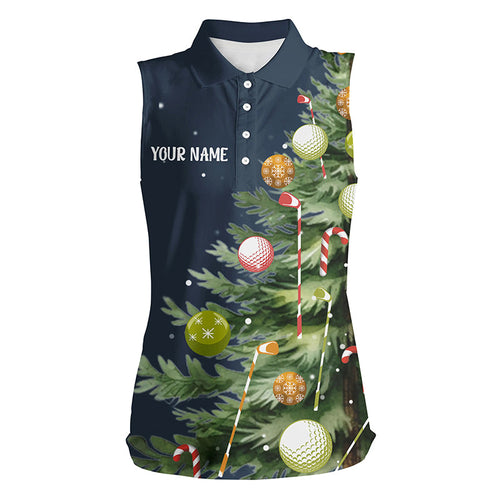 White Women sleeveless polo shirts custom blue Christmas tree shirt for ladies, Christmas golf gifts NQS6601