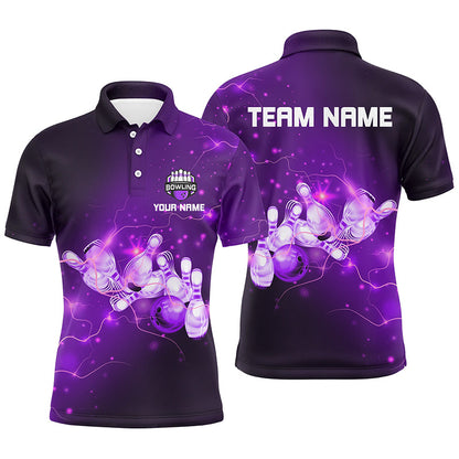 Mens Bowling Polo Shirts Custom Purple flashes of lightning thunder bowling team Mens Bowler Jerseys NQS7045