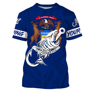 MI Fishing Custom Michigan Flag Fish hook skull Custom sun protection fishing shirts for men, women NQS3321