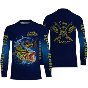 Angry Largemouth bass Fish reaper blue fishing Custom name long sleeves fishing shirts, bass jerseys NQS4144