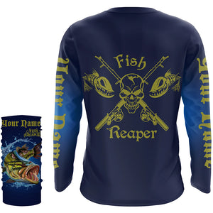 Angry Largemouth bass Fish reaper blue fishing Custom name long sleeves fishing shirts, bass jerseys NQS4144