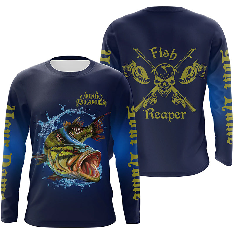 Angry Largemouth bass Fish reaper blue fishing Custom name long sleeves fishing shirts, bass jerseys NQS4144