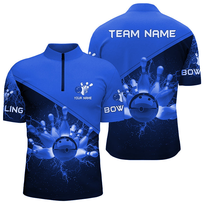 Men's Quarter Zip shirts Custom blue lightning thunder Bowling Team Jersey, gift for team Bowlers NQS6620