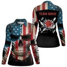 Load image into Gallery viewer, Personalized Skull Bowling Shirt for women Custom Team's Name American Flag Bowler Jersey Polo Shirt NQS6408