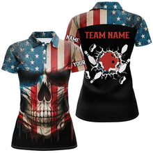 Load image into Gallery viewer, Personalized Skull Bowling Shirt for women Custom Team's Name American Flag Bowler Jersey Polo Shirt NQS6408