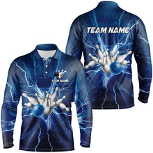 Load image into Gallery viewer, Mens polo bowling shirts Custom blue lightning thunder Bowling Team Jersey, gift for team Bowlers NQS6638