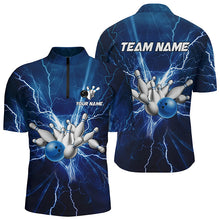 Load image into Gallery viewer, Men's bowling Quarter Zip shirts Custom blue lightning thunder Bowling Team Jersey, gift for Bowlers NQS6638
