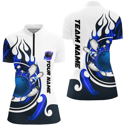 White Bowling Quarter Zip Shirt for women Custom blue flame bowling ball and pins Jerseys NQS7166