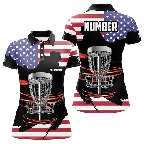 American flag Disc golf basket patriotic Womens disc golf polo shirts custom number disc golf tops NQS7314