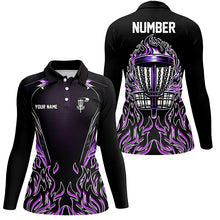 Load image into Gallery viewer, Purple flame Womens Disc golf polo shirts custom black disc golf fire jerseys, disc golf shirts NQS7324