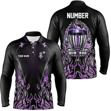 Load image into Gallery viewer, Purple flame Mens Disc golf polo shirts custom black disc golf fire jerseys, disc golf shirts NQS7324