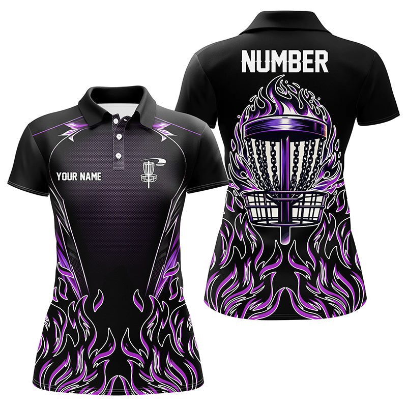 Purple flame Womens Disc golf polo shirts custom black disc golf fire jerseys, disc golf shirts NQS7324