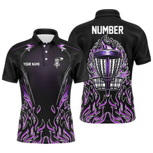 Load image into Gallery viewer, Purple flame Mens Disc golf polo shirts custom black disc golf fire jerseys, disc golf shirts NQS7324