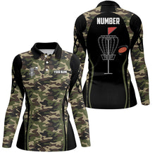 Load image into Gallery viewer, Black Womens disc golf polo shirt custom name, number camo disc golf jersey, ladies disc golf apparel NQS6434