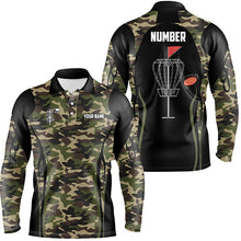 Load image into Gallery viewer, Black Mens disc golf polo shirt custom name, number camo disc golf jersey, mens disc golf apparel NQS6434